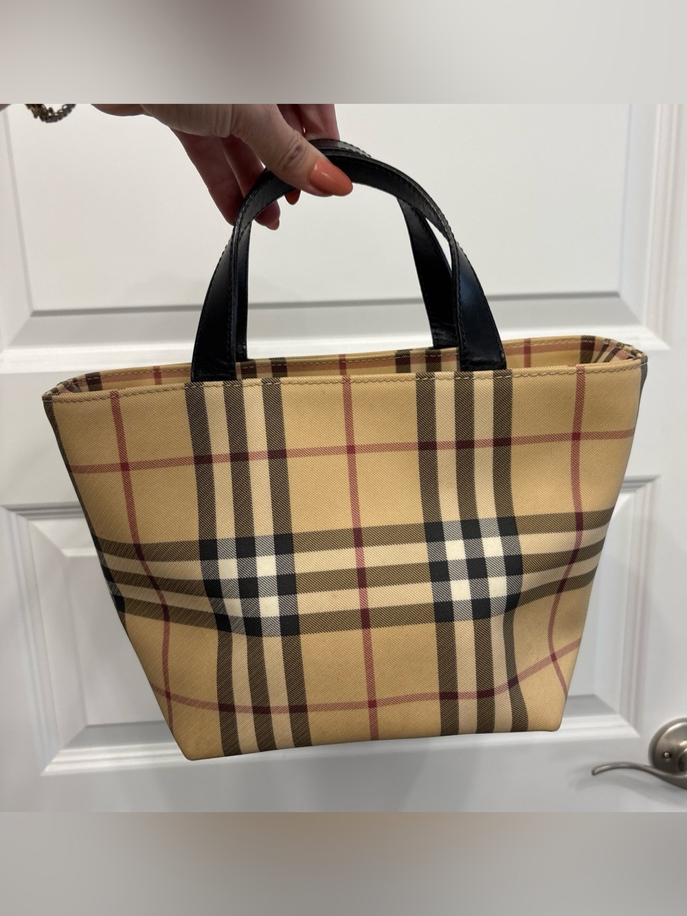 Burberry Classic Nova Check Small Tote Bag in Beige Black Handles